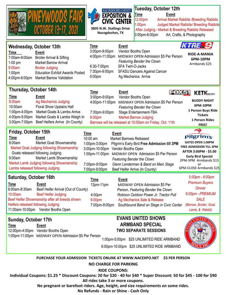 Pineywoods Fair 2021 Schedule of Events