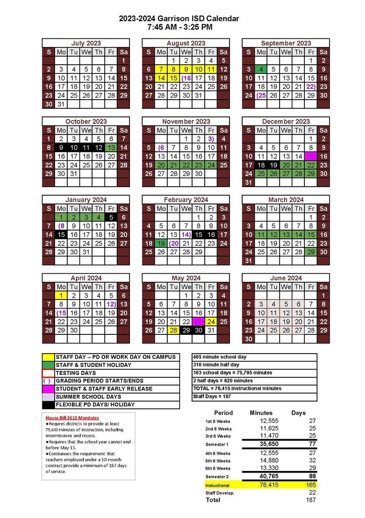 2023-2024 Garrison ISD Calendar